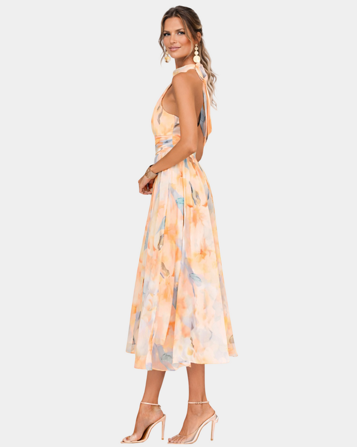 Louna | Robe à Col Halter et Imprimé Aquarelle